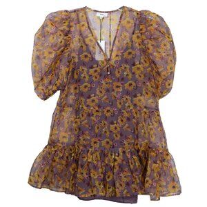 RAHI Feminine Puff Sleeve Top Mauve Floral Sheer Girlhood Chiffon Ruffle Top